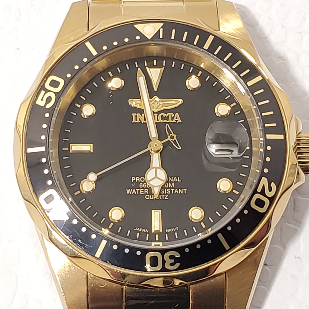 Invicta Men's Date Black Dial Gold Plated Quartz Watch WR 200 Meters